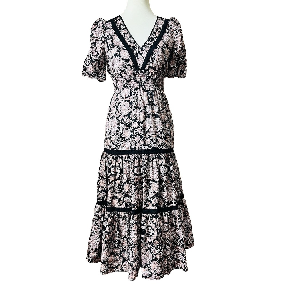 BB Dakota Floral Midi Dress Boho Festival Tiered Smocked Waist Puff Sleeve XS